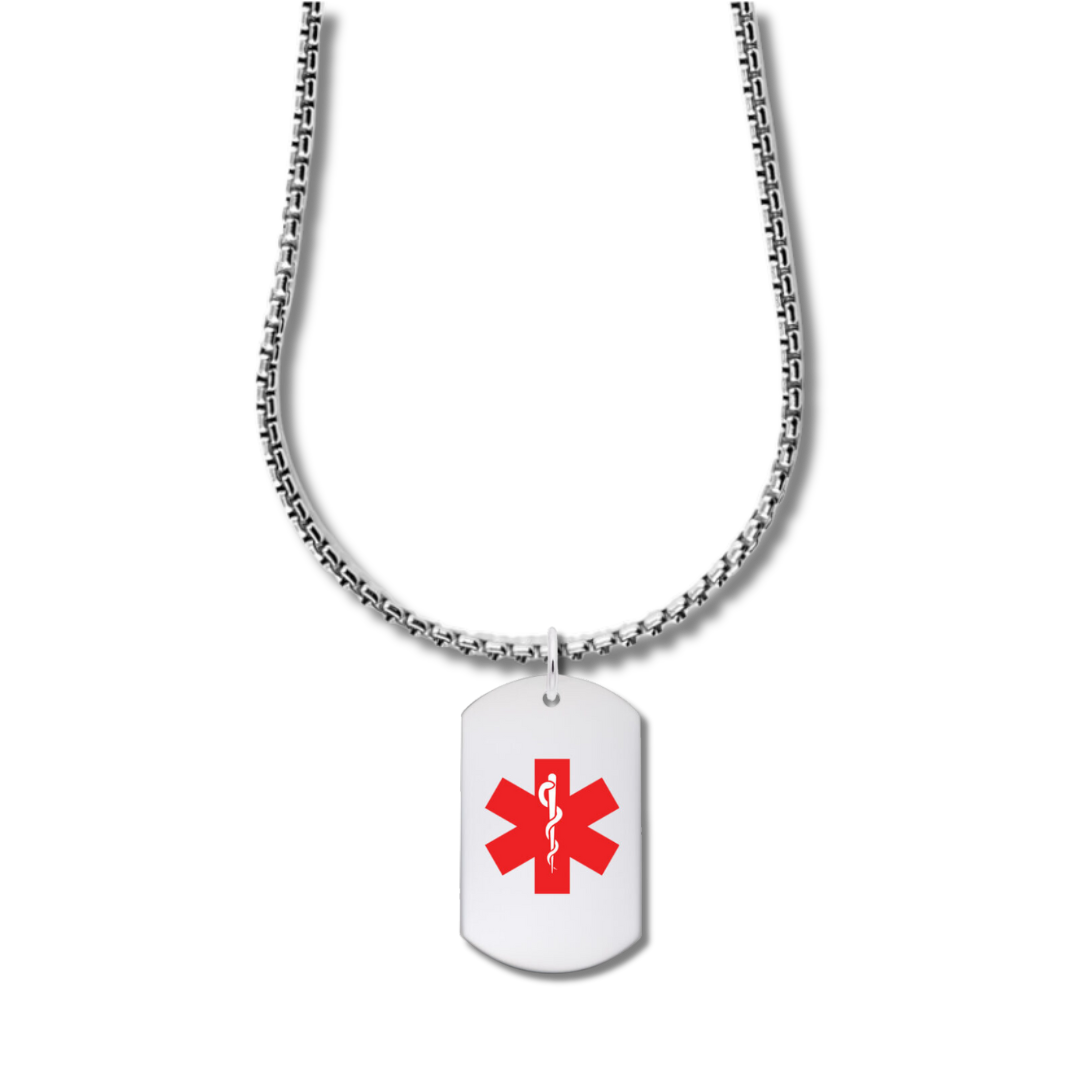 The Rembrandt Charms Medical Dog Tag - Painted is a silver necklace featuring a dog tag pendant with a bold red Star of Life, the universal medical symbol. The emblem has a snake wrapped around a staff on a white background, indicating essential medical information.