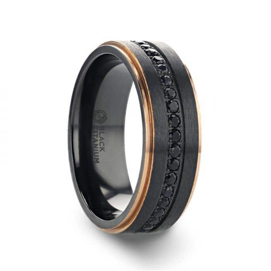 ASTRO Flat Brushed Black Titanium Ring with Rose Gold Plated Edge and