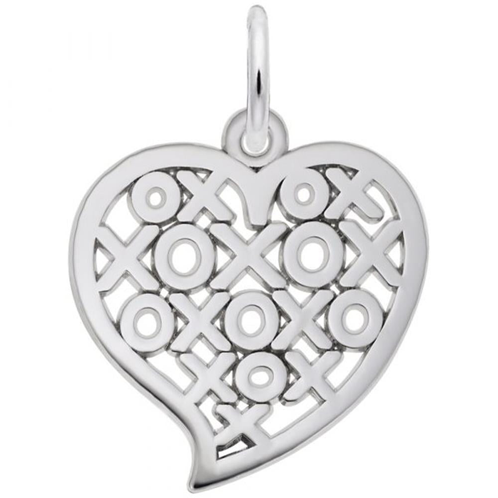 Image showing the Hugs & Kisses Heart Charm from Rembrandt Charms. The sterling silver charm is shaped like a heart and is adorned with the "XOXO" symbol. The dimensions are 0.73 inches by 0.67 inches (18.46 mm x 16.93 mm). This charm captures the essence of affection with its detailed design. Style number 6401.