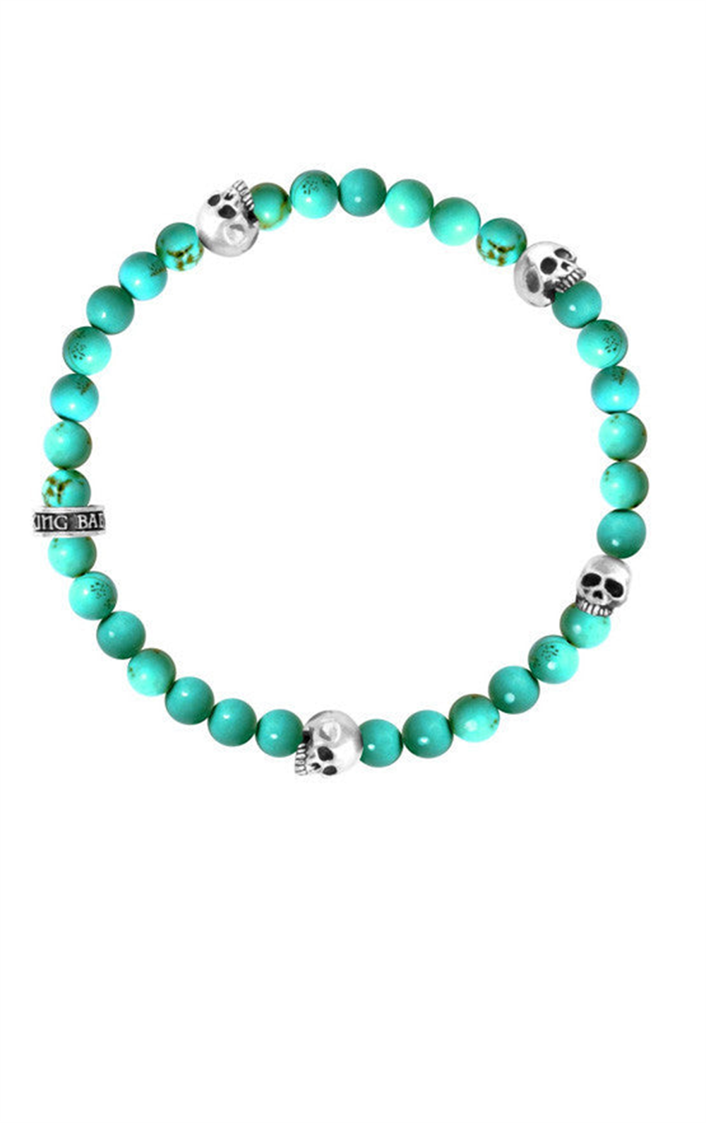 King Baby's 6mm turquoise bead bracelet showcases vibrant stones and is adorned with four striking silver skull accents.