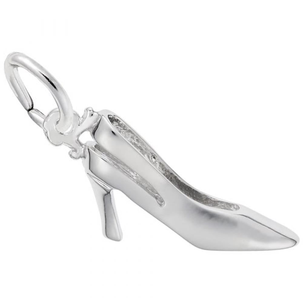 Introducing the Sling Black Heels Charm by Rembrandt Charms, a sleek and polished sterling silver charm shaped like classic sling-back high heels. This elegant charm features a small loop for easy attachment to any bracelet or necklace.