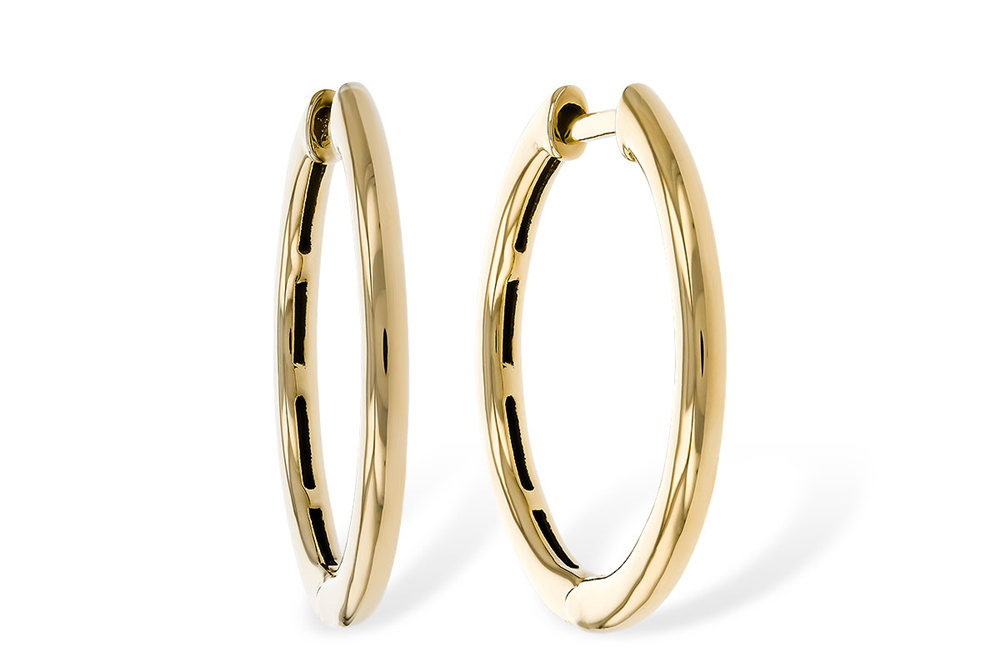 A pair of Allison Kaufman 14k Yellow Gold Hoops, measuring 20mm, are displayed upright with their clasps visible against a plain white background.