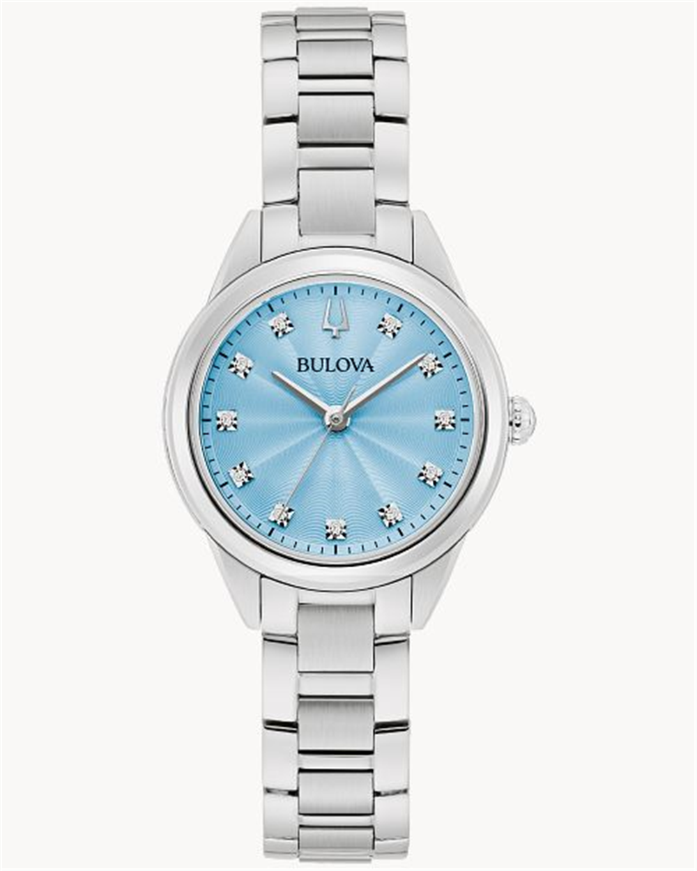 The Bulova Women's Stainless Steel Bracelet Watch by Bulova Watch Company features a striking blue dial, crystal hour markers, silver hands, and a stylish stainless steel link bracelet.