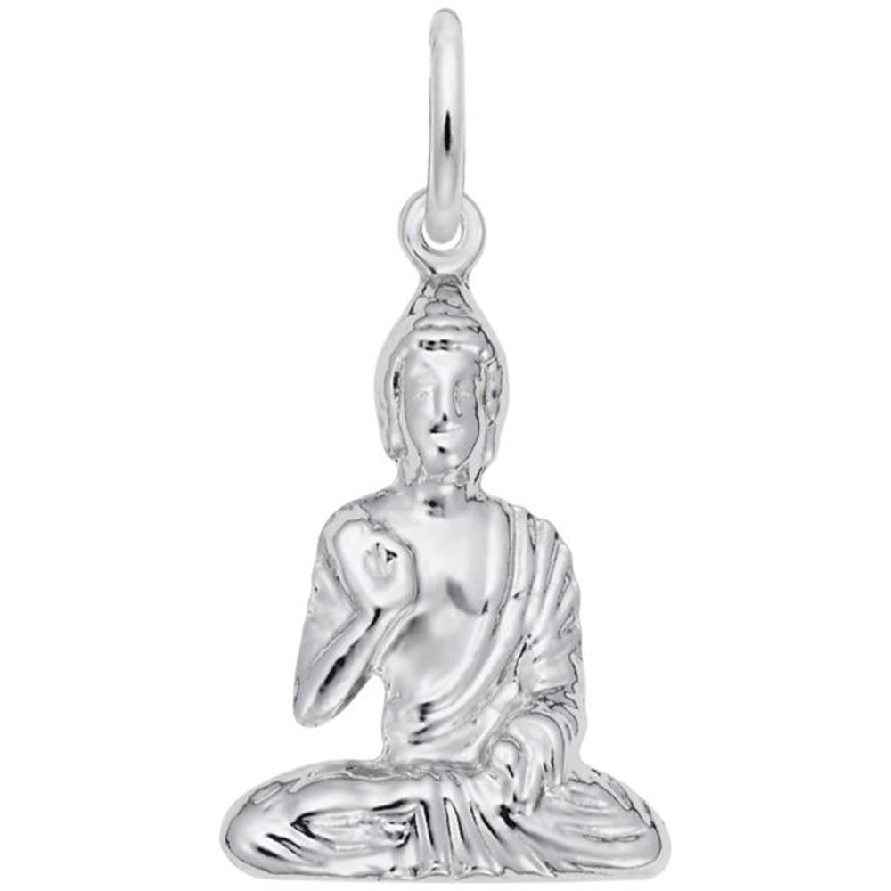The Rembrandt Charms Buddha Charm in sterling silver is exquisitely crafted in the shape of a seated Buddha in a meditative posture. One hand is raised while the other rests on the knee, showcasing intricate robe detailing. This charm features a loop at the top for easy attachment to any necklace or chain.