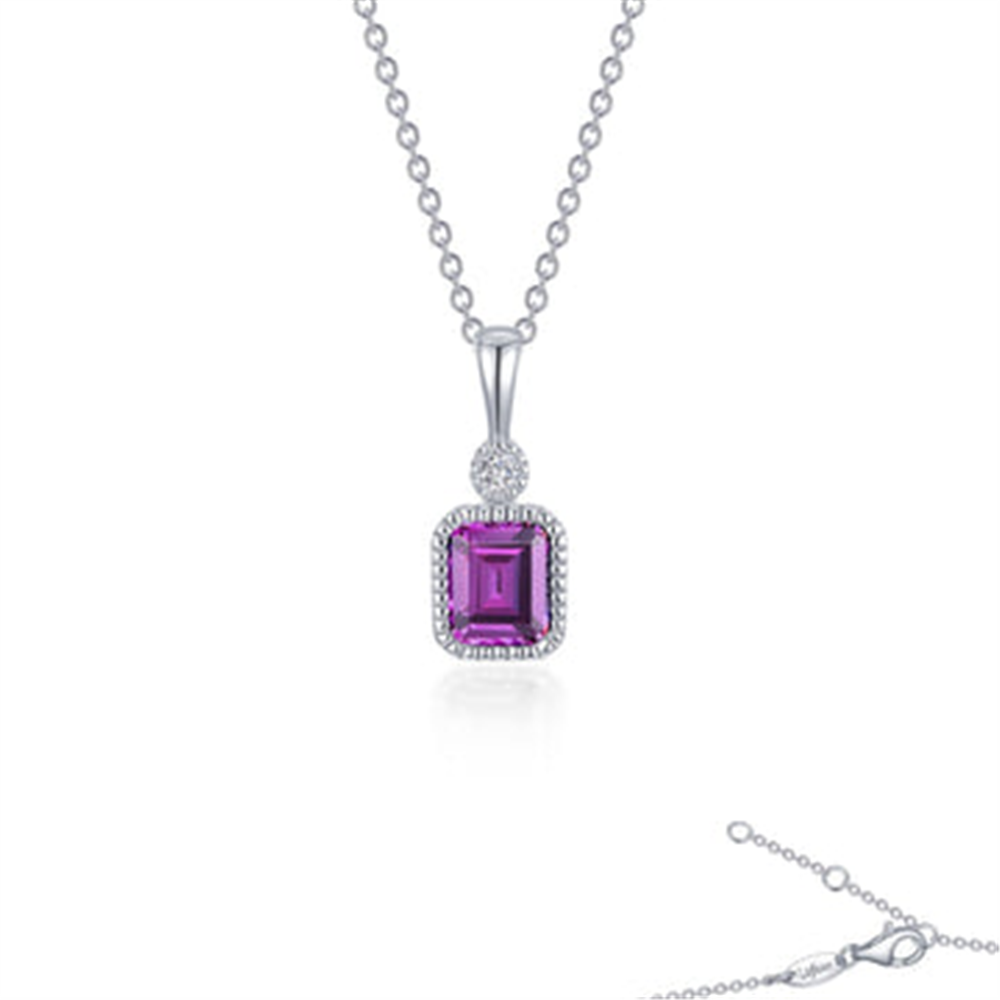 The Lafonn SIMULATED ALEXANDRITE; JUNE BIRTHSTONE NECKLACE showcases a rectangular pendant with a radiant, deep purple simulated alexandrite, framed by small clear crystals. The pendant, representing the June birthstone, is attached to the chain by a small round crystal and features a discreet clasp on the side.