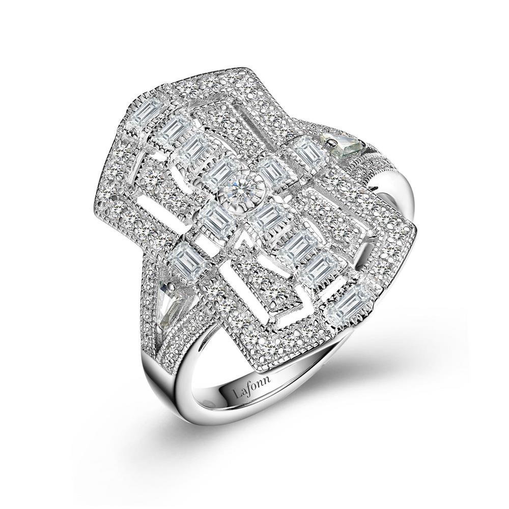 The Lafonn Vintage Inspired Engagement Ring is a luxurious piece featuring an intricate geometric design set with numerous small, sparkling simulated diamonds. The sterling silver band gives the appearance of a precious metal, while the design combines rectangular and round diamonds to create a stunning, ornate pattern that exudes timeless elegance.