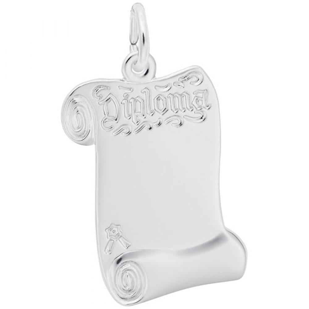 The Rembrandt Charms Diploma Charm in sterling silver, intricately designed in the shape of a scroll with "Diploma" elegantly engraved at the top. This Open Diploma charm showcases curled edges that mimic a rolled-up paper and includes a small graduation cap icon towards the bottom. It features a convenient loop at the top for easy attachment to a chain or bracelet.