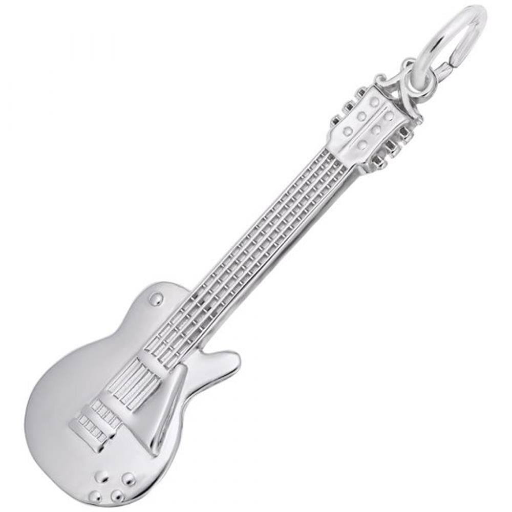 The Rembrandt Charms Electric Guitar Charm in sterling silver showcases detailed strings and tuning pegs. This intricately designed charm features a loop at the top for easy attachment and captures the essence of a full-sized guitar in a small, decorative form.