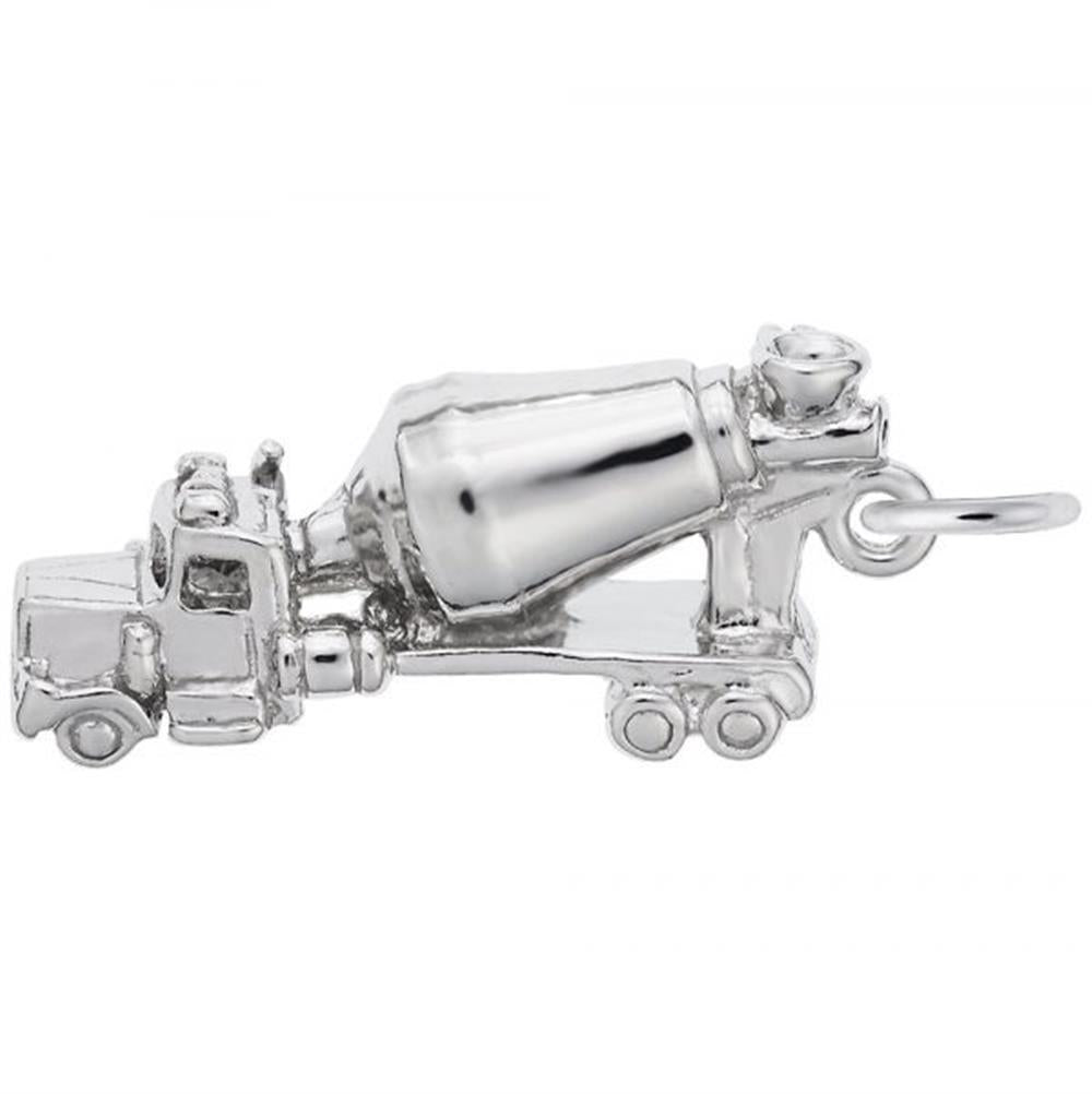 A detailed image of the Sterling Silver Cement Truck Charm by Rembrandt Charms. This charm features an intricately detailed cement truck, measuring 0.82 inches by 0.42 inches (20.73 mm by 10.59 mm). The charm has a polished sterling silver finish, perfect for adding a touch of construction-themed elegance to any charm bracelet or necklace. Style number 6531.