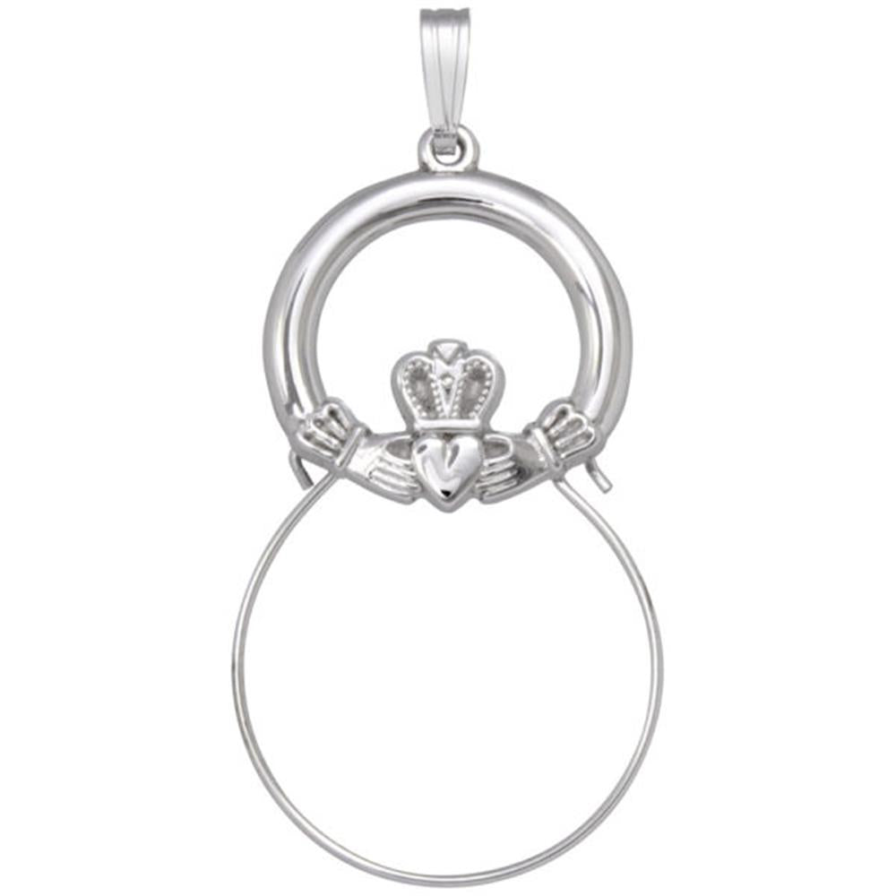 A detailed image of the Sterling Silver Claddagh Charm Holder by Rembrandt Charms. This charm holder features the iconic Claddagh design, measuring 0.9 inches by 1.46 inches (22.74 mm by 37.06 mm). The holder has a polished sterling silver finish, perfect for elegantly displaying your favorite charms with the symbolism of love, loyalty, and friendship. Style number 3508.