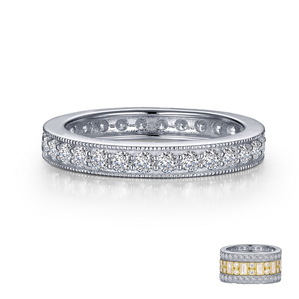 Introducing the ETERNITY BAND STACKABLE 07 by Lafonn, a stunning silver ring adorned with small, round-cut diamonds encircling its entire band. The ring features intricate detailing along the edges. Included is an inset image of a similar eternity band with alternating yellow and white diamonds set in a repeated pattern.