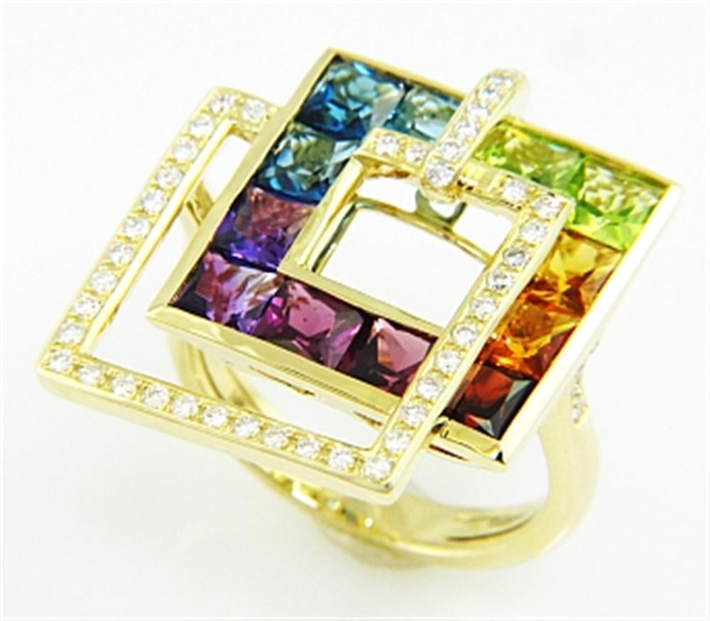 The Bellarri Malibu N Multi Color Gemstone and Diamond Ring features 0.40ct diamonds and 3.90ct vibrant gems set in interlocking square frames of 14K yellow gold, creating a striking, colorful design.