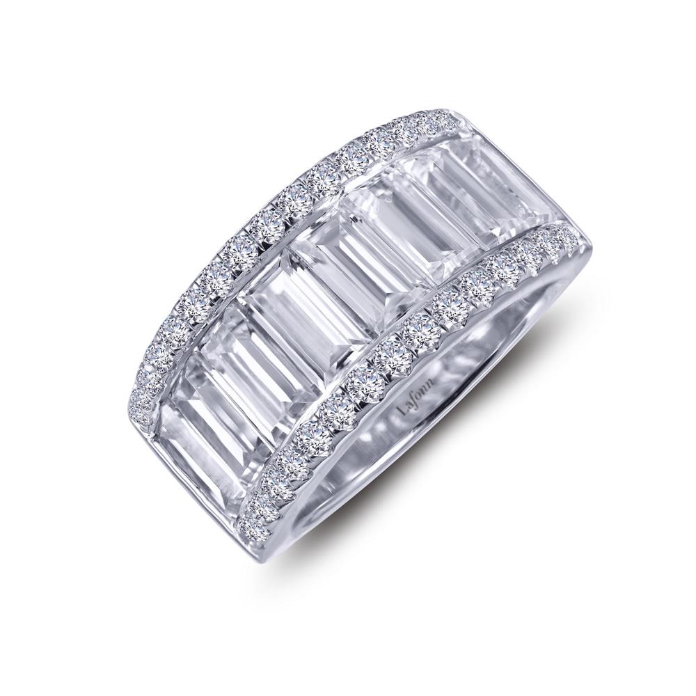 The Anniversary Eternity Band by Lafonn is a luxurious eternity band featuring a wide silver band adorned with rectangular-cut clear gemstones arranged in a row. The edges of the band are encrusted with small, round, sparkling diamonds, creating an elegant and radiant piece of jewelry perfect for celebrating an anniversary.