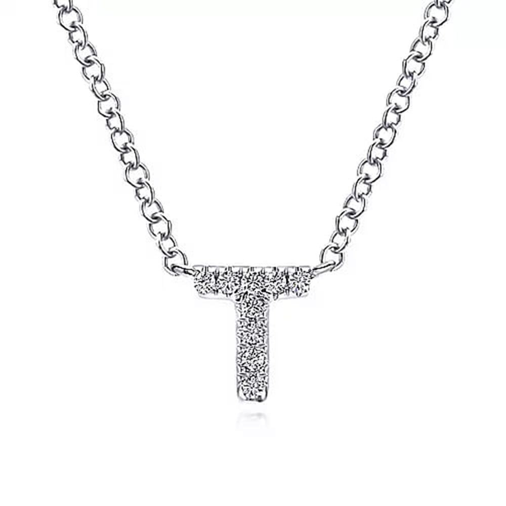 A stunning necklace from Gabriel & Co, featuring a 14K White Gold chain composed of interlocking links. The centerpiece is the Diamond T Initial Pendant (Serial NO: S1831254), encrusted with small, sparkling diamonds that add elegance and charm to the piece.