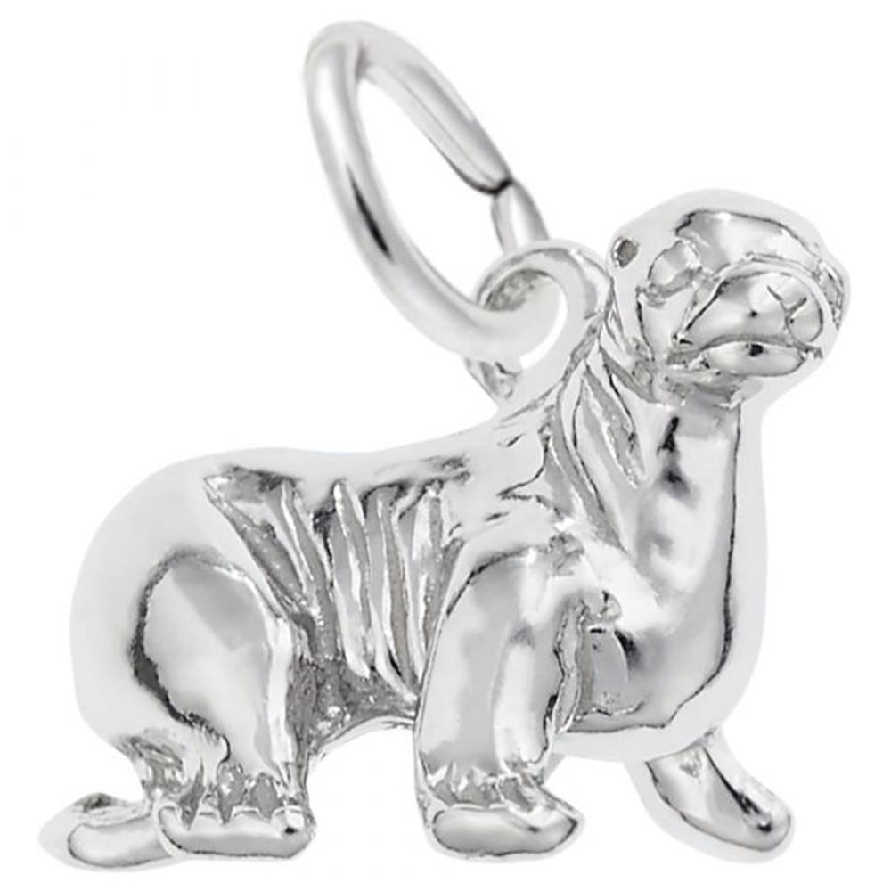 A shiny Sterling Silver Sea Lion Charm by Rembrandt Charms, featuring distinctive details like tusks and flippers. The charm includes a small loop at the top for attaching to a bracelet or necklace. The sea lion is depicted in a sitting position.