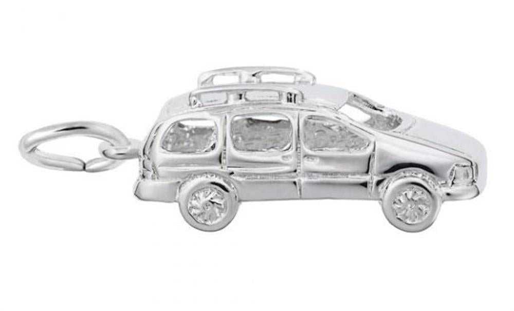 The Mini Van Charm by Rembrandt Charms is crafted from sterling silver and shaped like an SUV, showcasing detailed windows, roof rails, and wheels. The keyring is attached to the rear of the car, designed to mimic a miniature model vehicle with a metallic and polished finish.