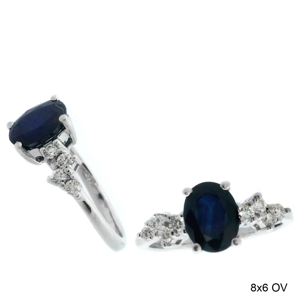 Two white gold rings from Ryan Gems feature 1.50ct oval dark blue sapphire centers, each accented by 0.24ct diamond-like stones. Elegantly designed with an "8x6 OV" on a white background, Product RW13629S highlights sophistication.