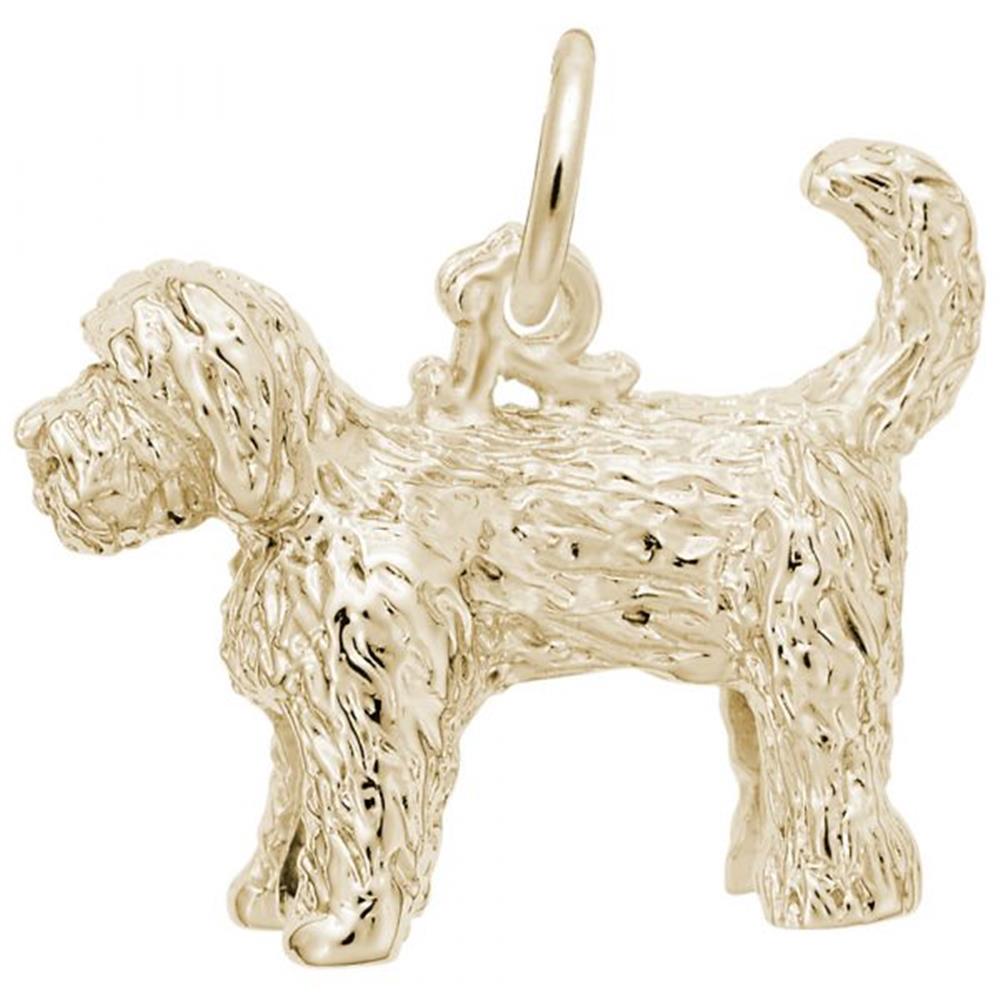 The Rembrandt Charms Labradoodle Dog Charm in gold-plated sterling silver features an intricately detailed fur texture and a convenient loop at the top for attaching to a chain. This small charm showcases the dog standing with its tail curved upwards, making it a perfect addition to your jewelry collection.