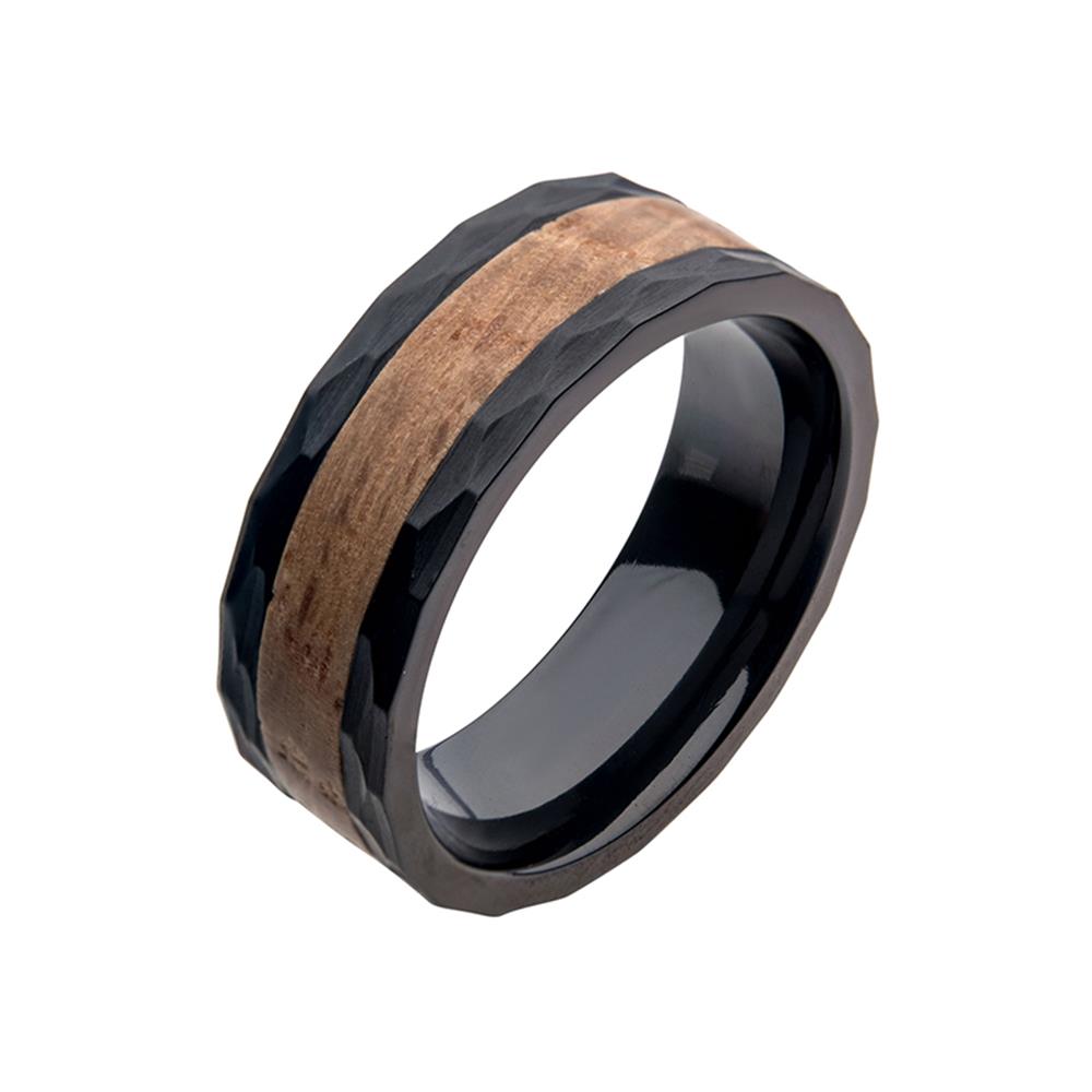 The INOX 8mm Whiskey Barrel Wood Inlay Black IP Stainless Steel Comfort Fit Ring features a hammered texture with whiskey barrel wood inlay. Positioned on a white background, it highlights the striking contrast between dark metal and light wood, offering a unique design and comfort fit.