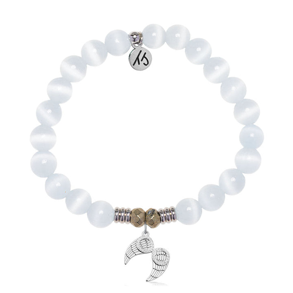 The T Jazelle White Cats Eye Gemstone Bracelet with Infinite Protection features smooth round beads, gold spacers, and a sterling silver angel wings charm with an engraved tag—a beautiful bracelet symbolizing protection.