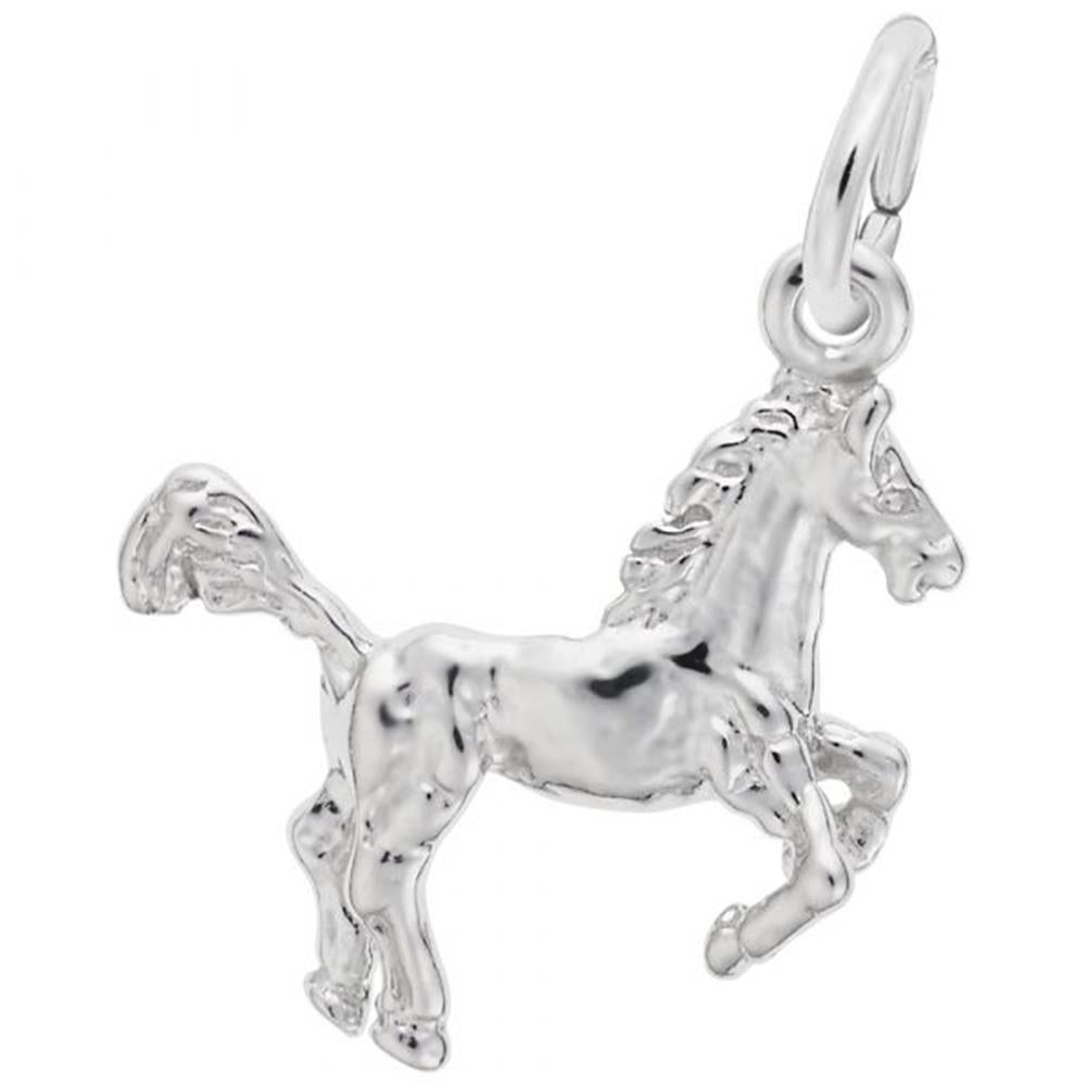 The Rembrandt Charms Horse Charm in Sterling Silver features intricate detailing that captures a horse in mid-gallop. This charming piece includes a small loop at the top, ideal for attaching to a necklace or bracelet.