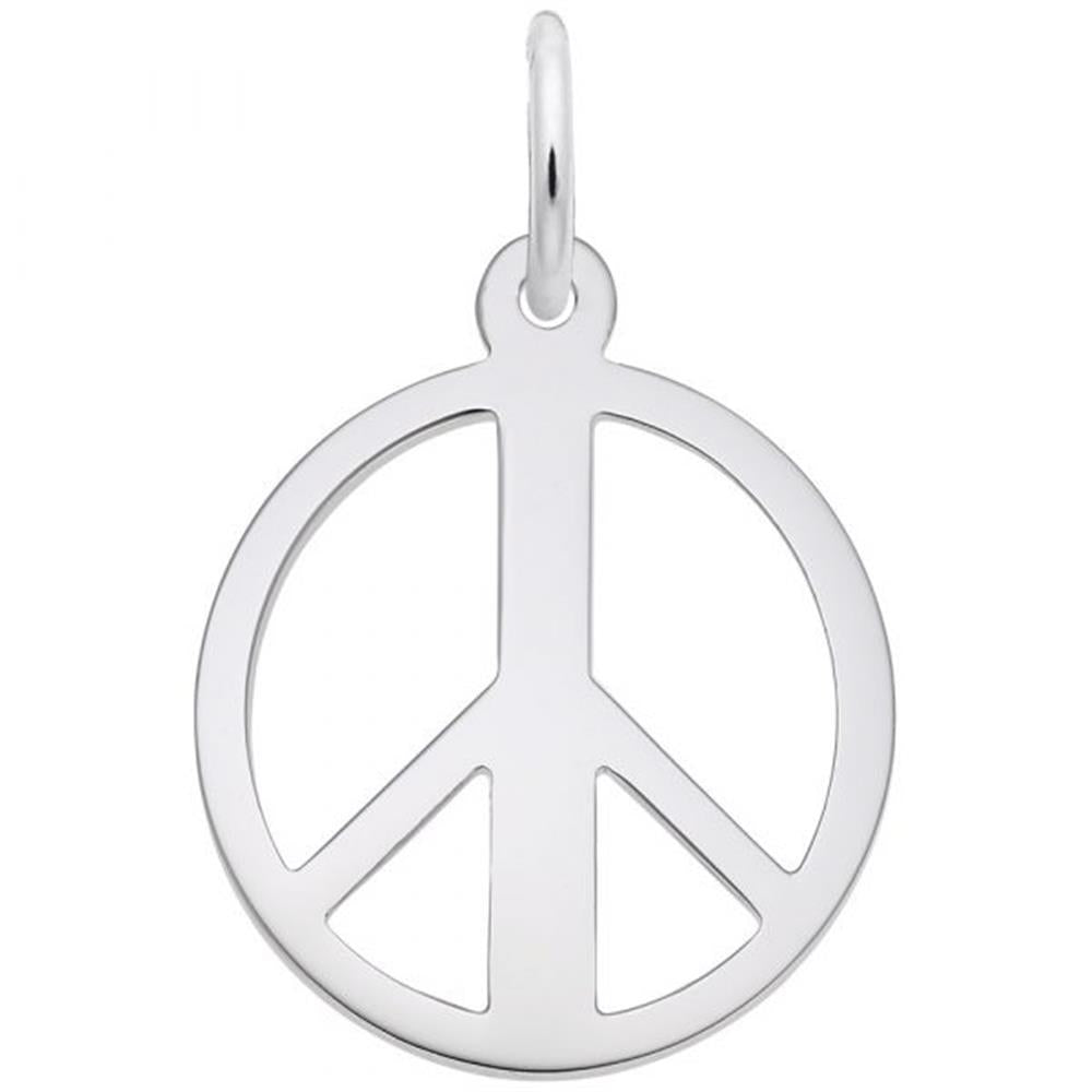 The Peace Symbol Charm by Rembrandt Charms is crafted from sterling silver and features the iconic circular peace emblem, complete with three internal lines forming an inverted Y, synonymous with pacifism and anti-war movements. This charm includes a small loop at the top for easy attachment.