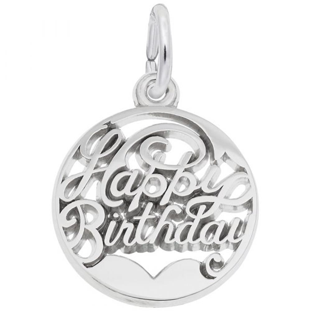 The Rembrandt Charms "Happy Birthday Open Disc Charm" in sterling silver features an elegant, round design with the words "Happy Birthday" in a decorative script. Designed with a loop at the top, it's ideal for attaching to a chain or bracelet. Its intricate cut-out style adds to its delicate and sophisticated appearance.