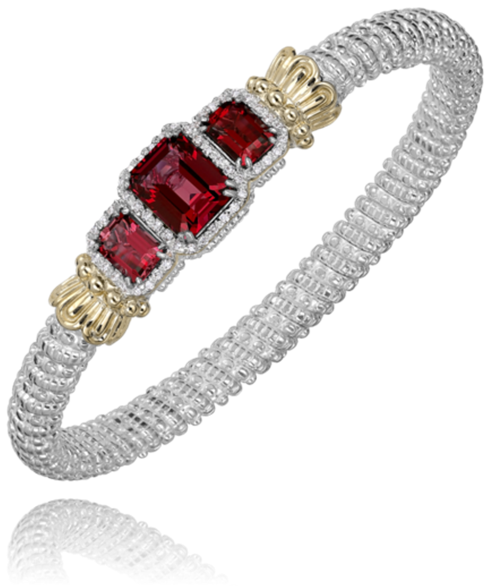 The Alwand Vahan Jewelry 6MM Closed / 0.24CT Red Garnet bracelet showcases a twisted silver design with three prominent 0.24CT red garnet gemstones set in gold. The center stone is larger than the two flanking ones, surrounded by small diamonds that enhance its intricate and luxurious appearance.