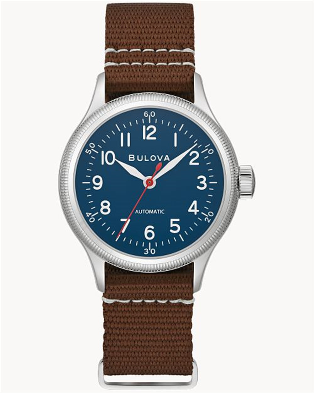 The Bulova Watch Company offers the A11 Strap / 96A282 wristwatch, which boasts a navy blue dial adorned with white numerals and red hands. The stainless steel case is paired with a brown woven nylon A11 strap, and the watch operates on an automatic movement.