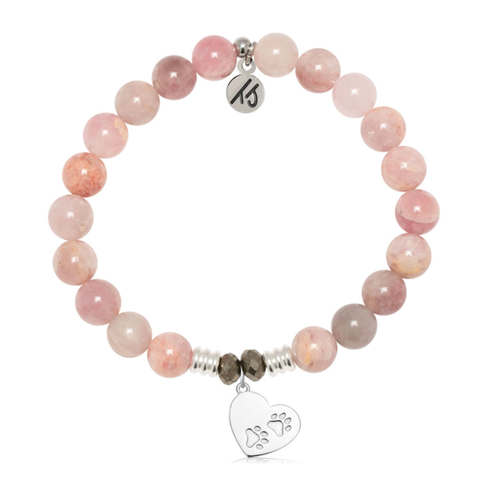 The T Jazelle Madagascar Quartz Gemstone Bracelet with Paws of Love Sterling Silver features pink gemstones and two sterling silver charms: a heart with paw prints and a round charm engraved with the number 15.