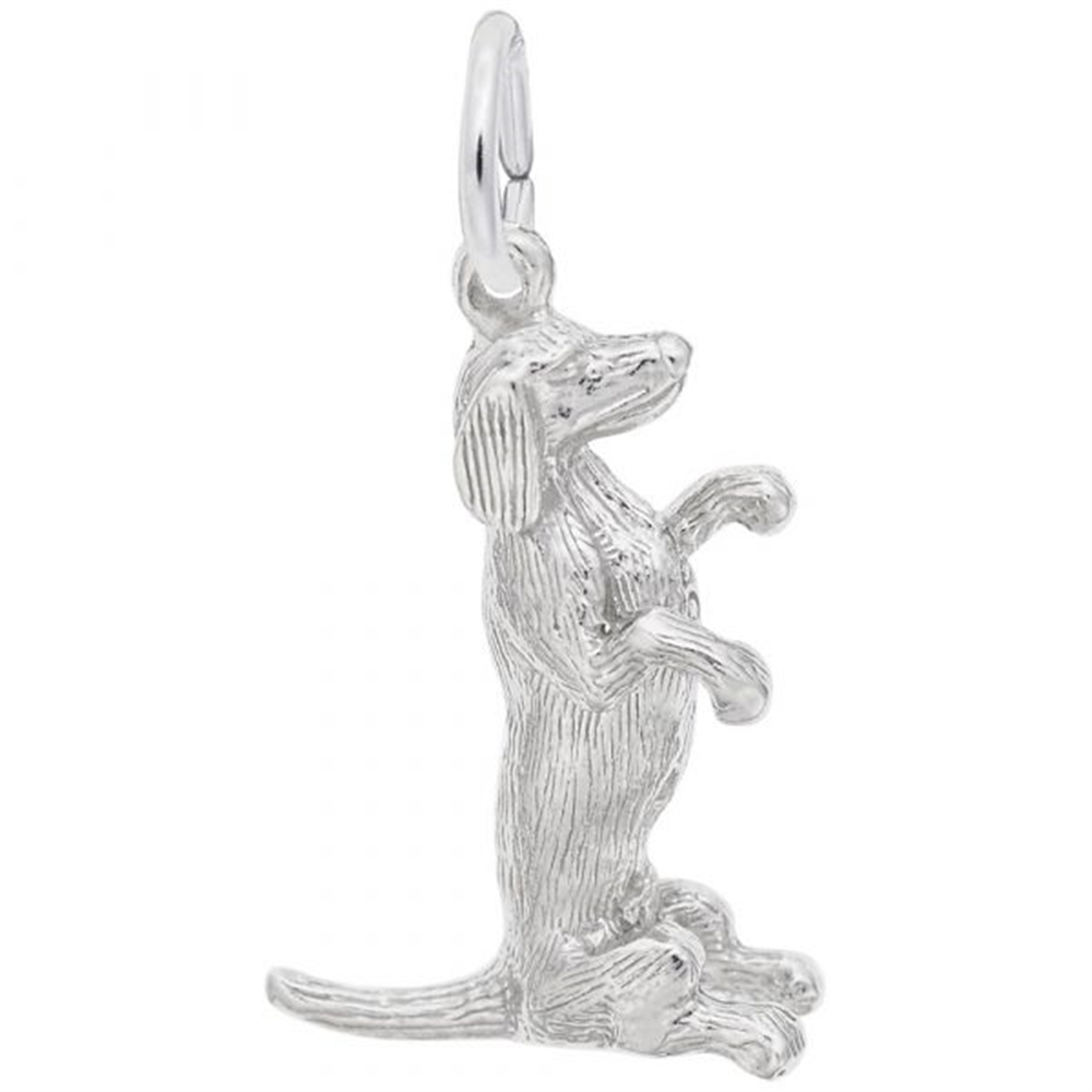 The Sitting Dachshund - Sterling Silver Charm by Rembrandt Charms is shaped like a dachshund sitting upright with raised front paws. It features detailed fur texture and has a small loop for easy attachment on top.