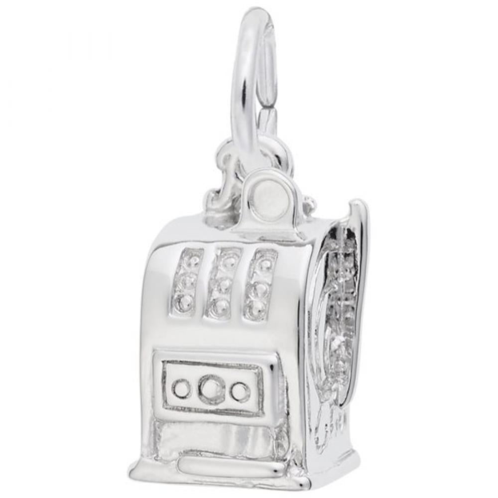 The Rembrandt Charms Slot Machine Charm in sterling silver is a small, intricately detailed piece resembling a slot machine. It features a handle on the side and three diamond-like stones in the display area for a realistic appearance, and includes a loop at the top for easy attachment.
