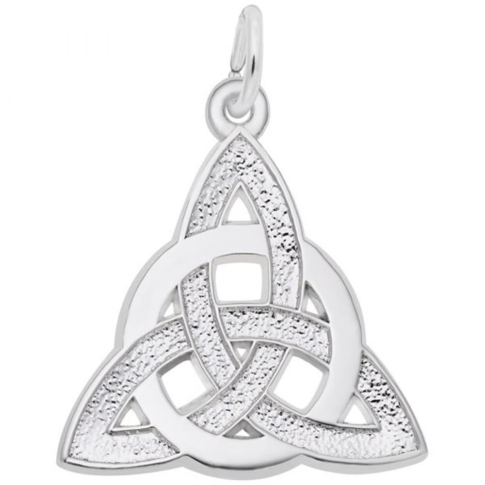 Introducing the Celtic Circle of Life Charm by Rembrandt Charms, a sterling silver metallic pendant that showcases a classic Celtic knot design, enhanced with an intricate textured pattern within its triangular sections. The piece features smooth, polished edges and interwoven loops forming a distinctive triangular shape. An attachment ring at the top allows for easy addition to any chain or cord, making this charm a timeless embodiment of elegance and tradition.