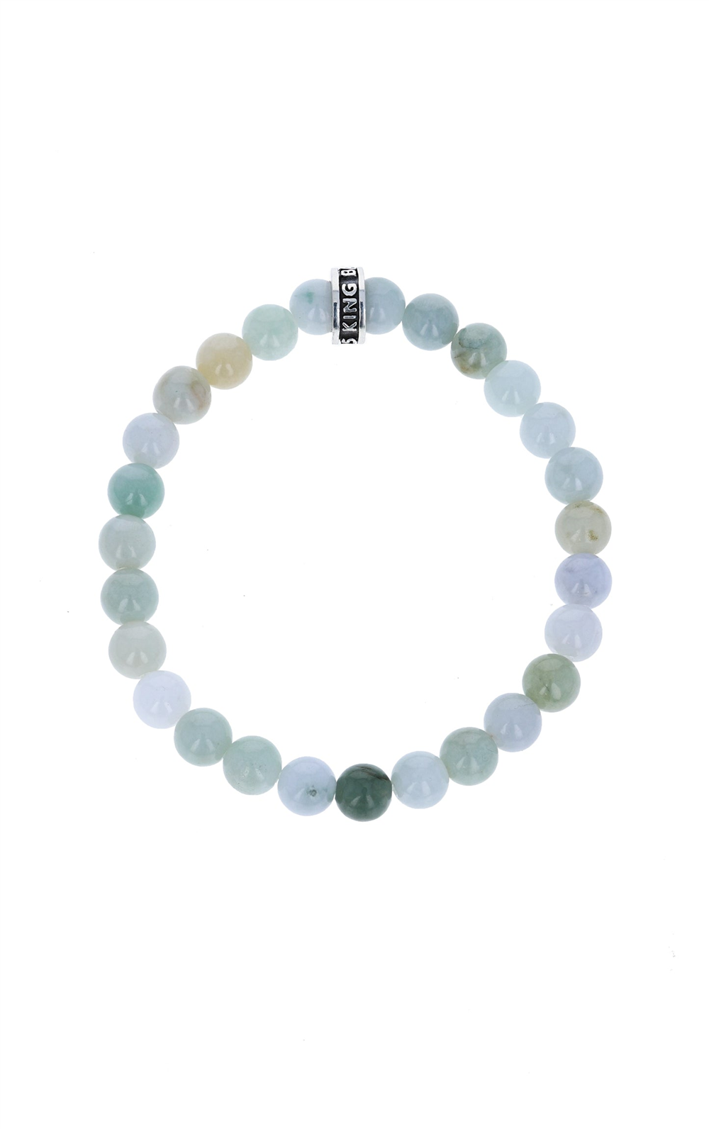 The King Baby 8mm Burma jade plain beaded bracelet features smooth, round beads in pastel blue and green, accented by a Burma jade bead. A metallic logo ring is thoughtfully nestled among them, adding a distinct detail to its design against a white background.