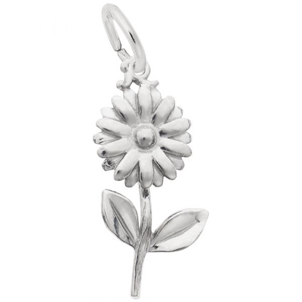 The Rembrandt Charms Daisy Flower Charm in sterling silver has a polished finish. This intricately detailed charm features a daisy with a round center, multiple petals, and two leaves on the stem, exuding elegance. An attached loop at the top allows for easy connection to a bracelet or necklace.