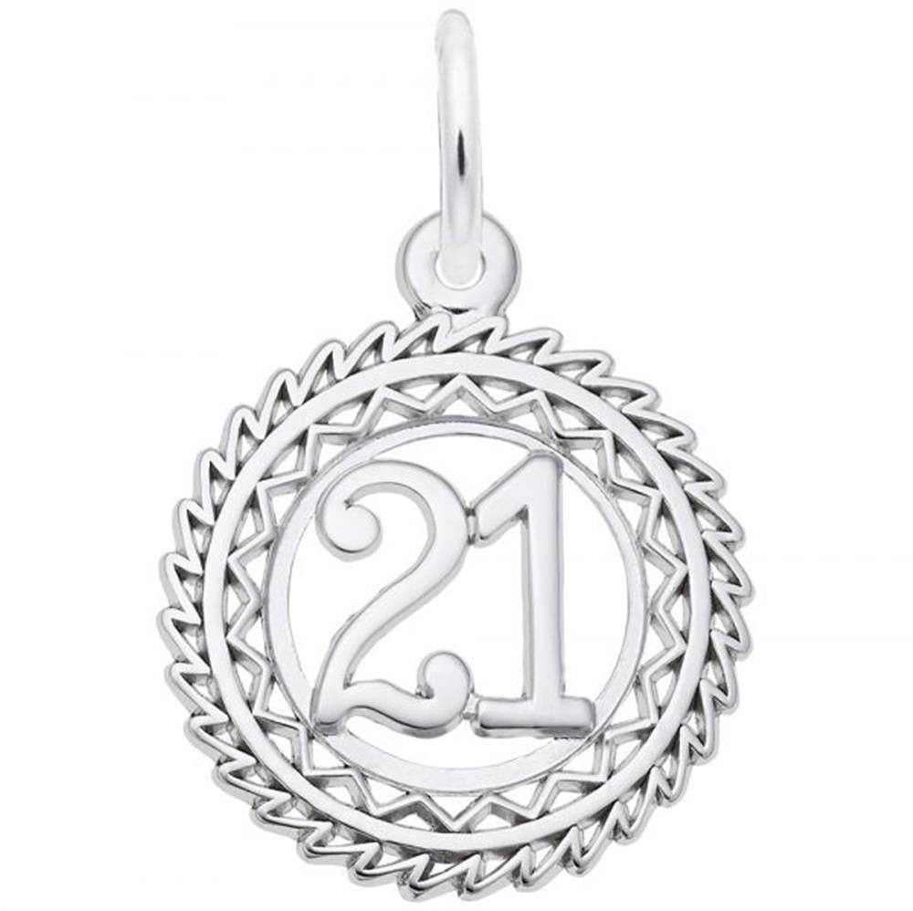The Rembrandt Charms "Number 21 Charm" in Sterling Silver features a round design with the number "21" prominently displayed at the center. Encircling the number is an intricately designed outer border accented by a zigzag pattern. A convenient loop at the top allows for easy attachment to a necklace or bracelet.