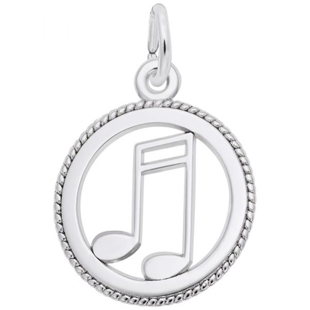 The Rembrandt Charms Music Charm / Sterling Silver pendant boasts a circular border with a textured edge. Within the circle, there is a cutout of a musical note positioned prominently. This charming pendant also features a small loop at the top for attaching to a necklace or chain.