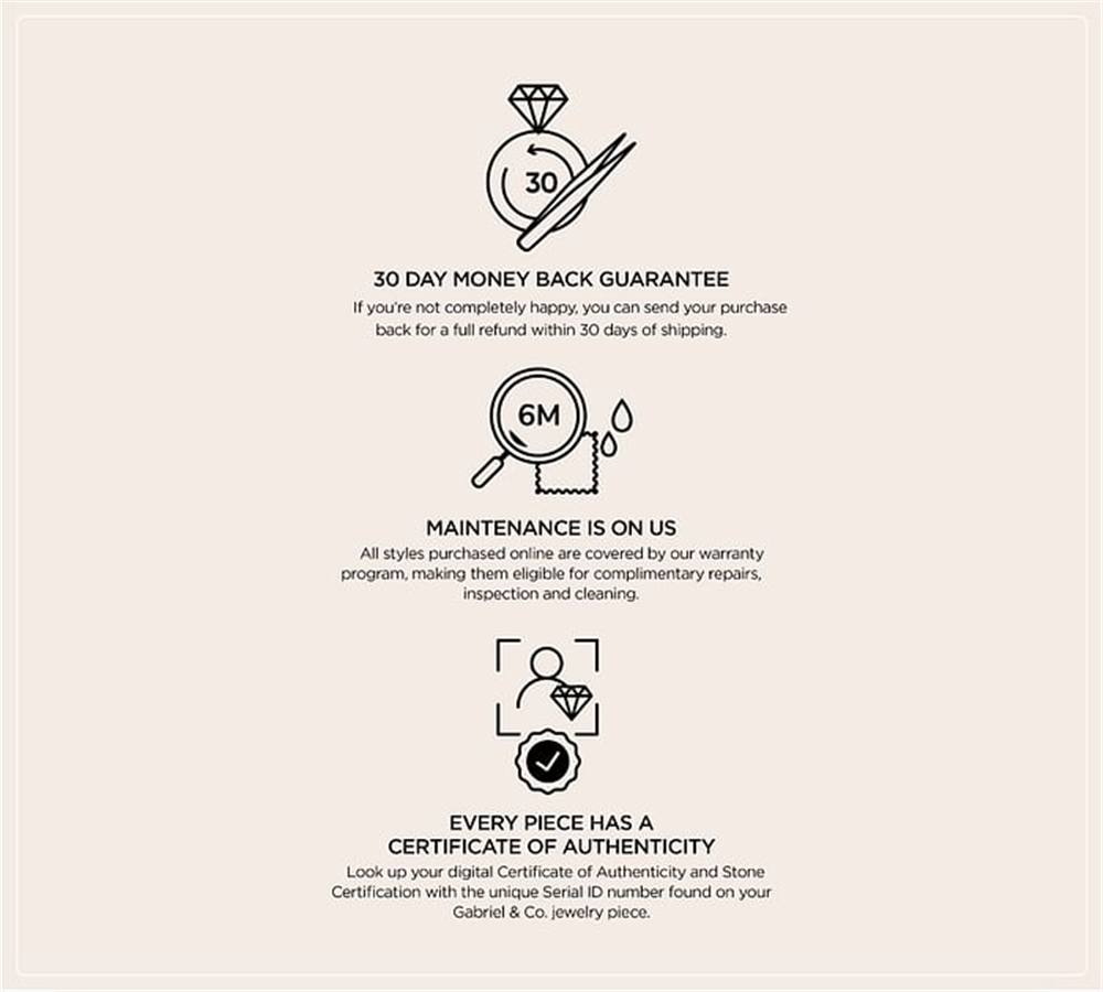 An illustration of the warranty policy features three icons: a hoop earring with "30" above it representing a 30-day money-back guarantee, a clock with "6M" above it indicating 6 months of maintenance, and a diamond in a scan frame signifying that each piece from the Gabriel & Co 925 Sterling Silver Bujukan Collection comes with a certificate of authenticity.