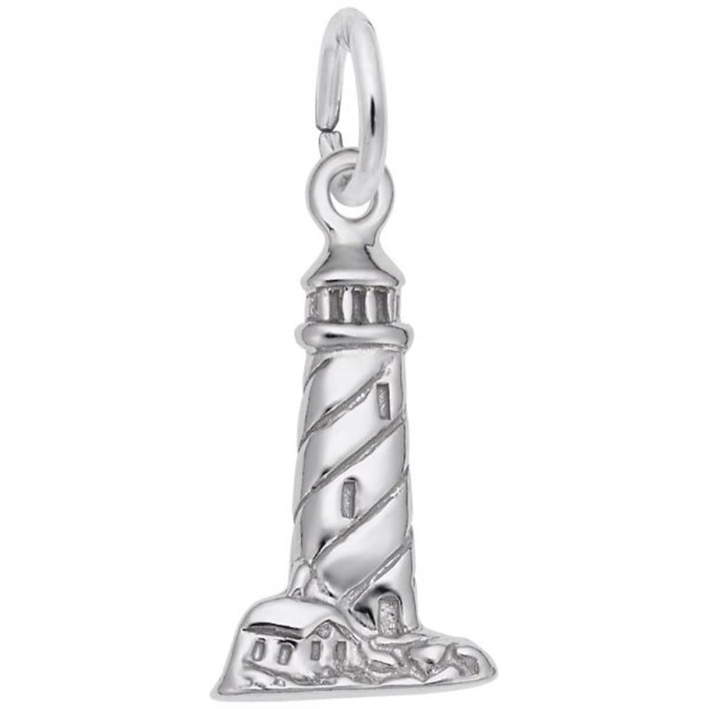 The Rembrandt Charms Lighthouse Charm in sterling silver features detailed engravings, including spiral patterns along its tower and small windows near the top. A small hoop at the top allows for easy attachment to a chain or bracelet.