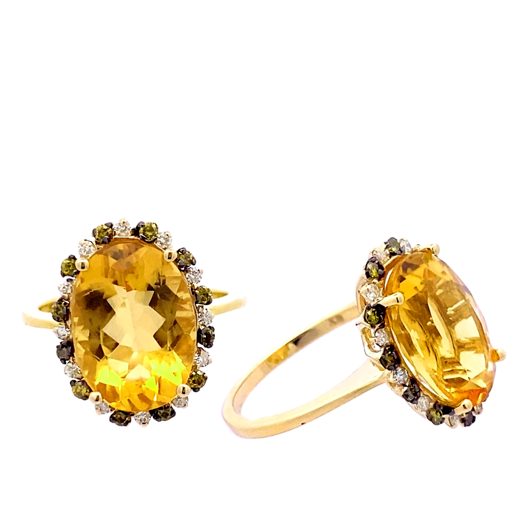 Two Ryan Gems yellow gold rings (R12368CTYD) with large oval citrines and smaller alternating dark and clear stones are displayed upright against a white background.