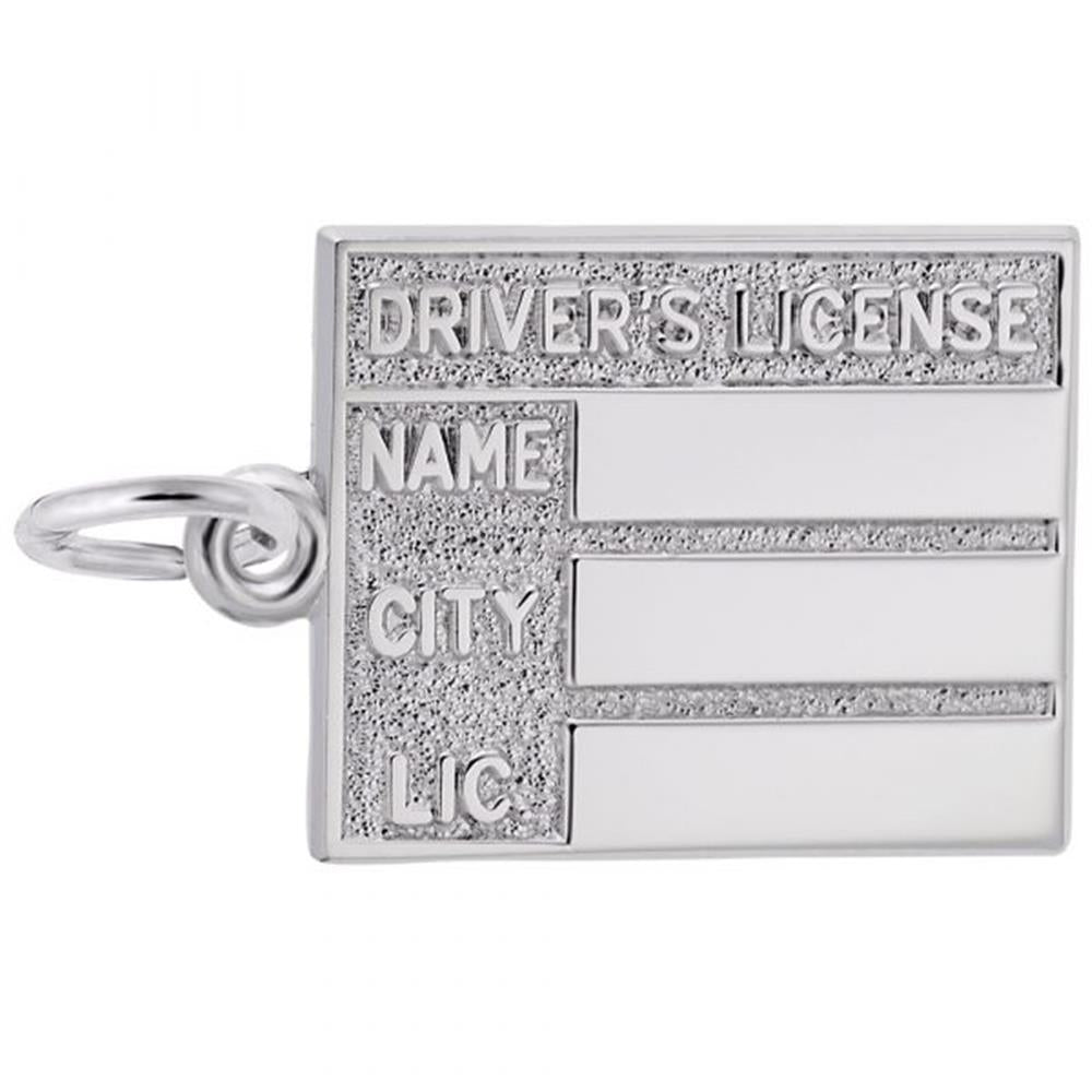 The Rembrandt Charms Drivers License Charm in sterling silver features a rectangular design with blank fields labeled "Name," "City," and "Lic." The charm includes a textured background and a small loop on the left side for attaching to a bracelet or necklace.