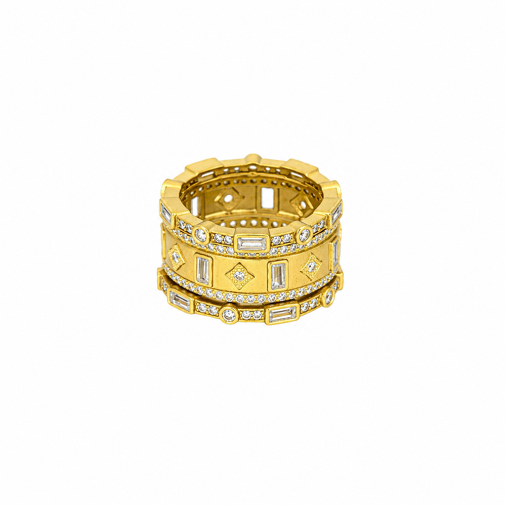 The Freida Rothman PYZR090242B Celestial Window 3 Stack Ring in gold tone, size 7, features geometric patterns and rows of white gemstones, displayed on a plain white background.