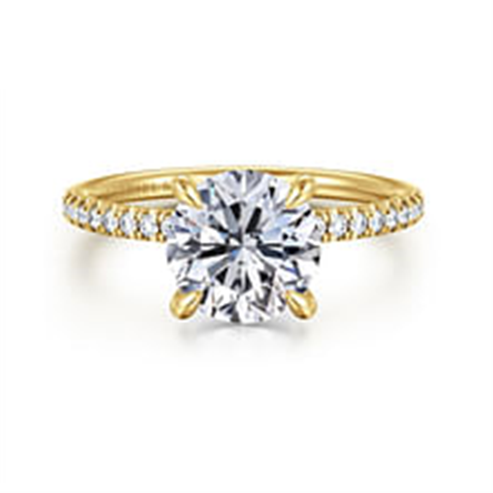 The Gabriel & Co 14K diamond engagement ring (SN: S2079338) features an 8mm head, sparkling diamonds along the band, and is available in size 6.5 for a perfect fit.