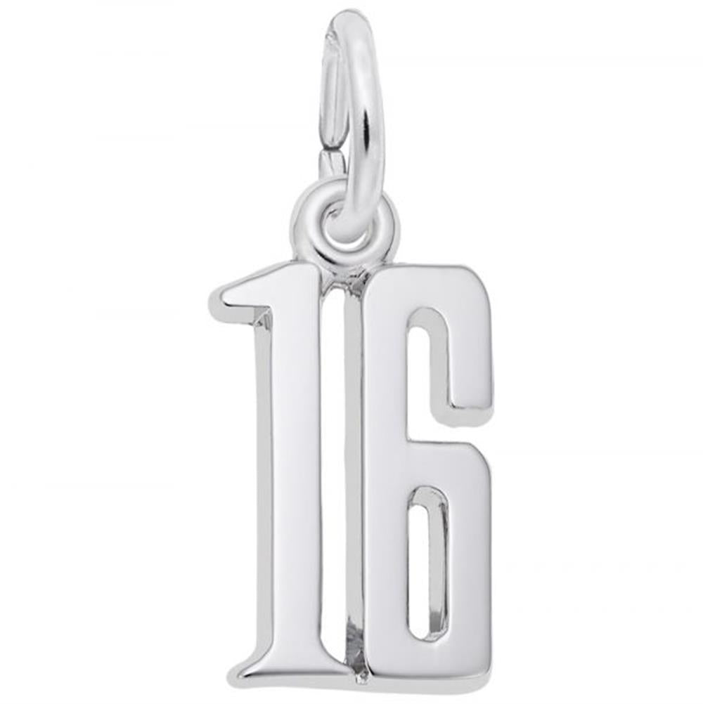 The Rembrandt Charms Number 16 Charm is crafted from sterling silver and features a sleek, polished finish. It is designed in the shape of the number "16" and includes a small loop at the top for easy attachment to a bracelet or necklace.