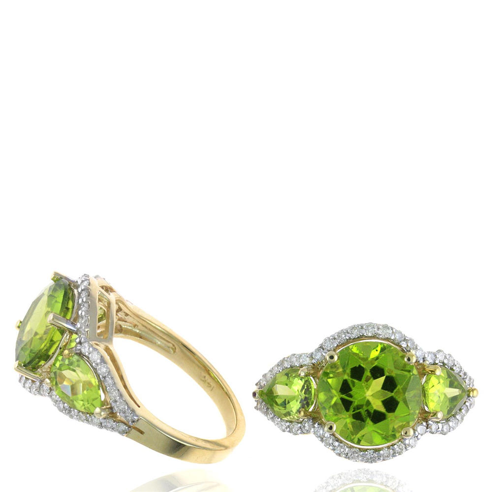 The Ryan Gems R12093PR ring showcases a 4.40 ct round peridot at its center, accented with smaller green gemstones and 0.42 ct of sparkling white diamonds, all set in yellow gold. It is presented with top and side views.