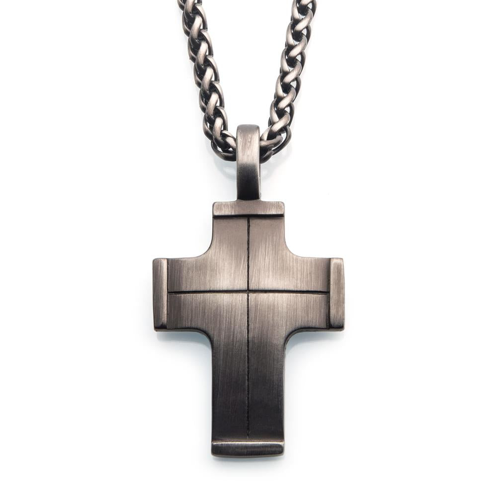 A close-up image of the Gun Metal Plated Cross Pendant with Steel Wheat Chain | INOX by INOX highlights its modern design and brushed finish. The cross pendant features clean lines and slightly beveled edges, giving it a sleek and contemporary appearance, all suspended on a thick gun metal plated steel wheat chain.