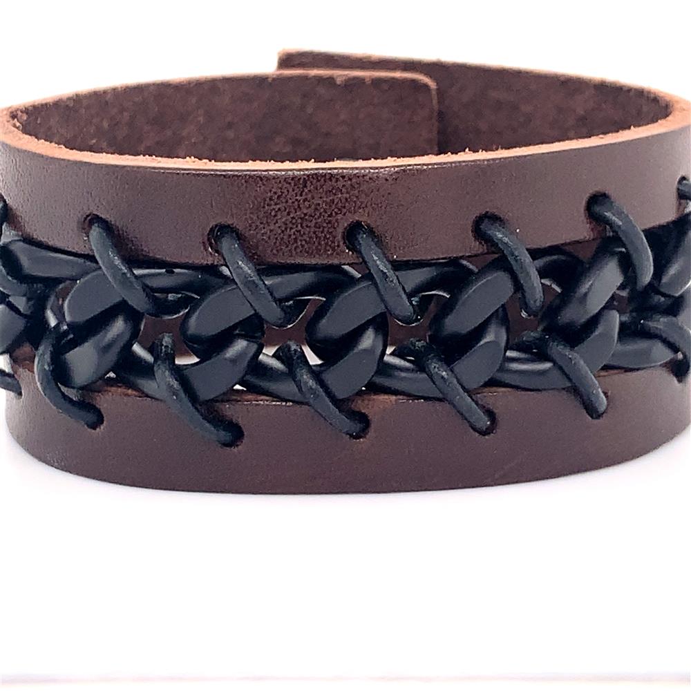 The Men's Black Plated Chain Bracelet by INOX features a brown leather wristband with a wider band that showcases a central black plated chain design woven through the middle. This men's bracelet has a rugged and stylish appearance, making it perfect for casual wear.