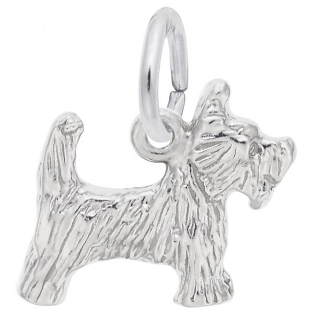 The Sterling Silver Scottie Dog Charm by Rembrandt Charms features a detailed design of a small terrier dog with perky ears and a raised tail. Its intricate fur texture adds realism, and a loop at the top allows for easy attachment to bracelets or necklaces.