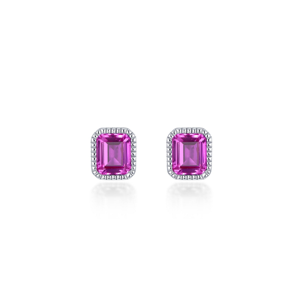 The SIMULATED PINK TOURMALINE; OCTOBER BIRTHSTONE EARRINGS by Lafonn feature rectangular, faceted simulated pink tourmaline gemstones set in a frame of small, clear stones. The silver-toned setting enhances the elegant and sophisticated design. These October birthstone earrings are displayed against a white background.