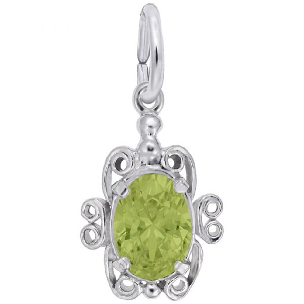 A Filigree August Stone Charm / Sterling Silver designed in the shape of a turtle with intricate filigree detailing. The body features an oval-shaped peridot, the August birthstone, surrounded by elegant silver embellishments. The charm has a loop at the top for attaching to a necklace and is part of the Rembrandt Charms collection.